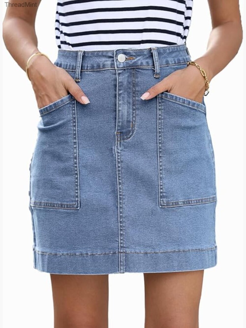 High Waisted Stretch Denim Skirt with Pockets - Picture 1 of 6